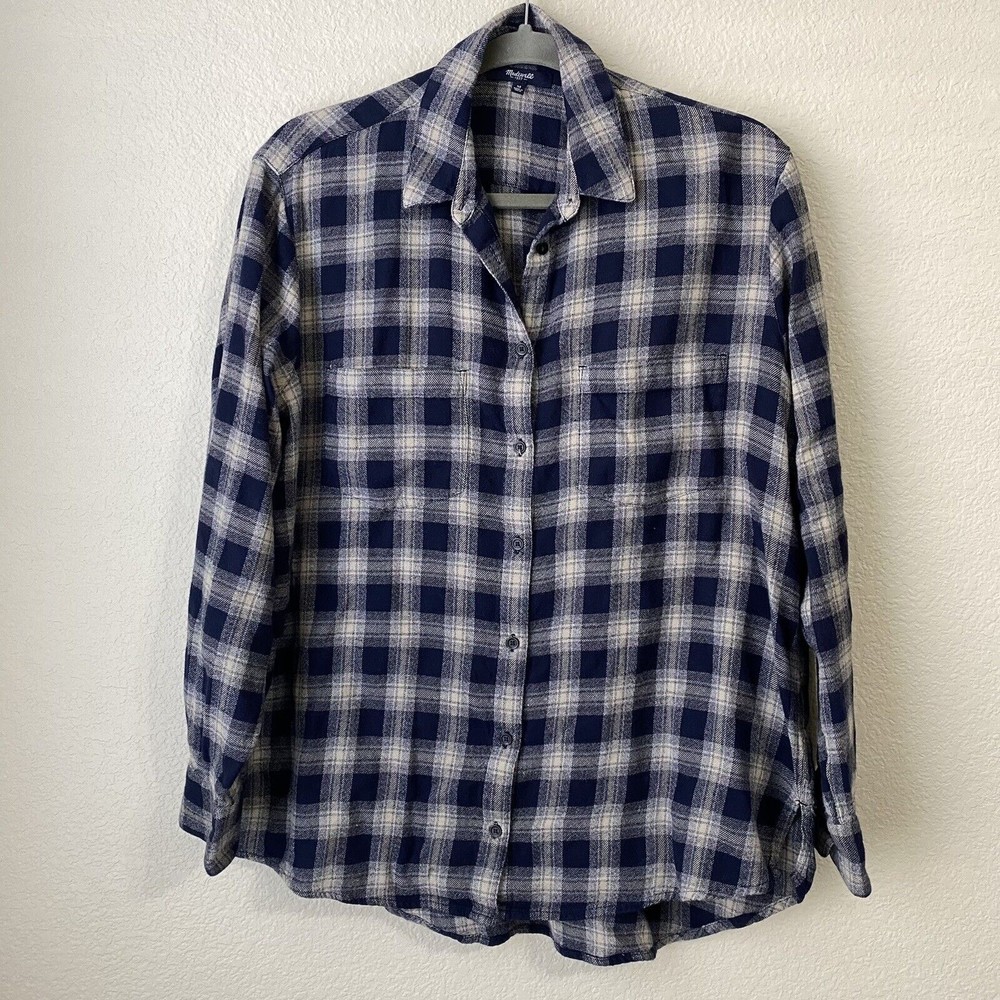 Madewell Womens Plaid Oversized Andover Shirt M Flannel Blue Cream Button Front
